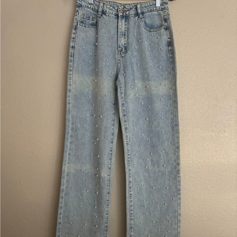 Pearl-Embellished High-Waisted Straight-Leg Jeans - Size S